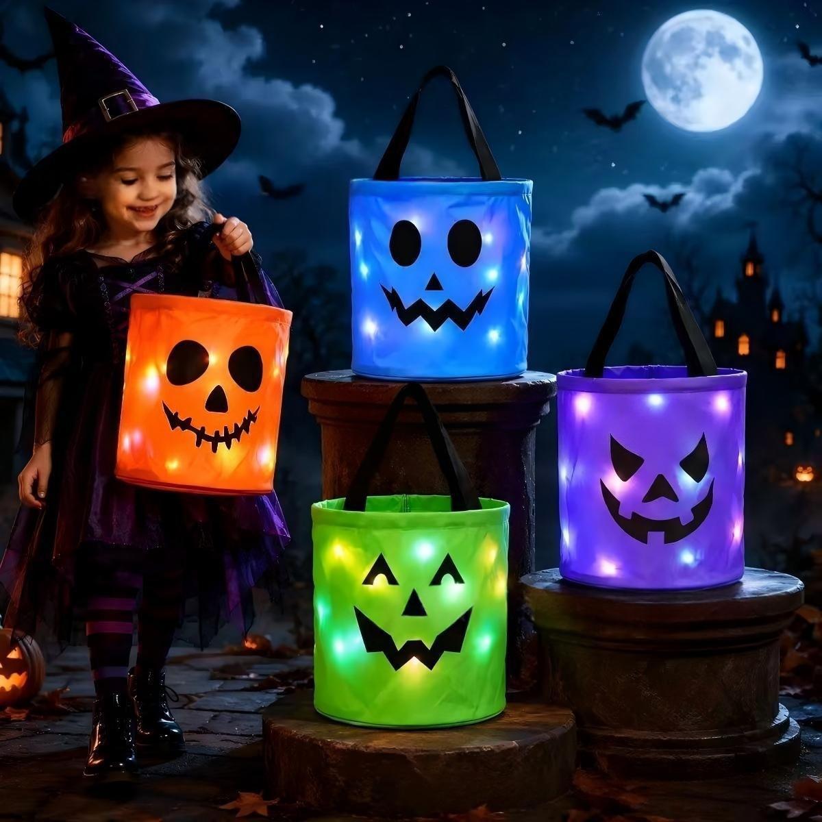 Four glowing pumpkin buckets on a Halloween street at night