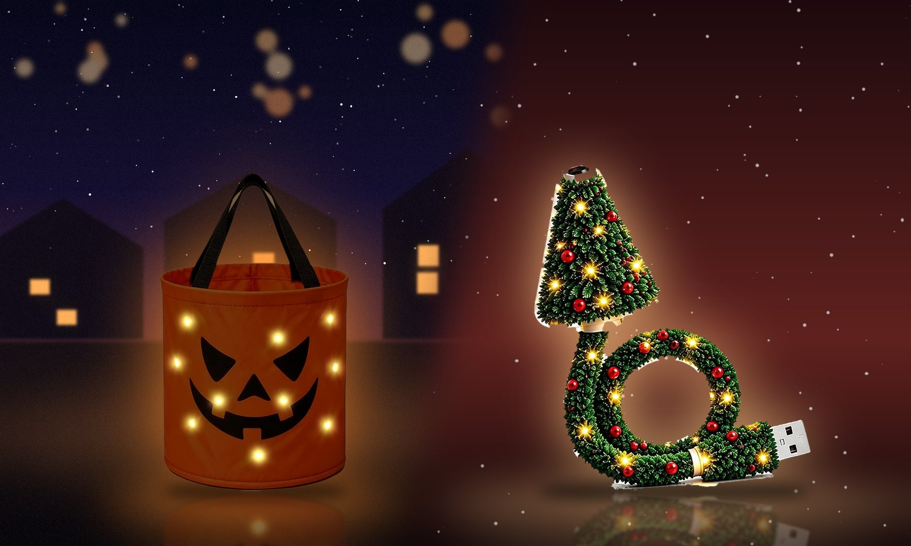 The glowing orange bucket beside the Christmas tree projector light