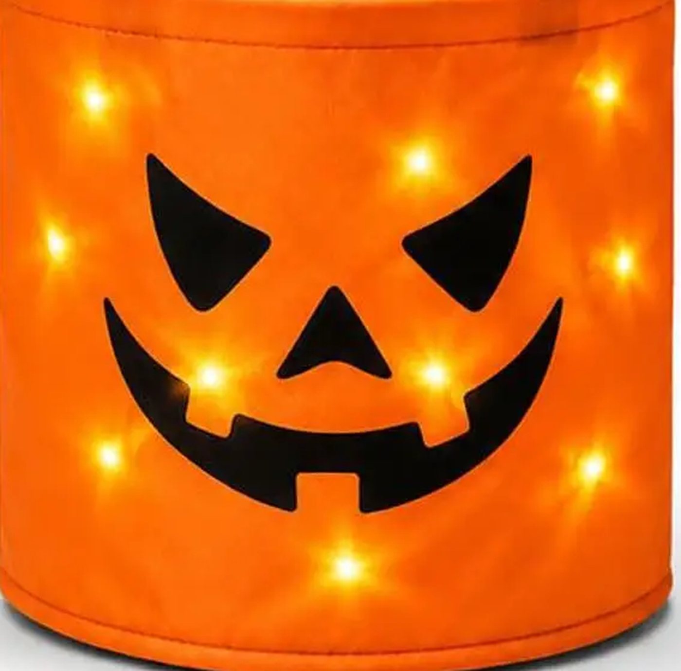 Close-up of the LEDs glowing through the orange bucket fabric